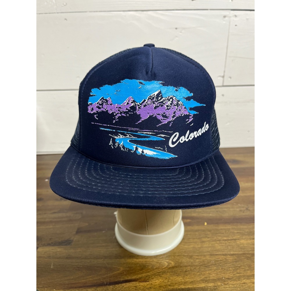 Vintage Triangle Headwear Colorado Mountain Trucker Hat Navy Blue Snapback Mesh